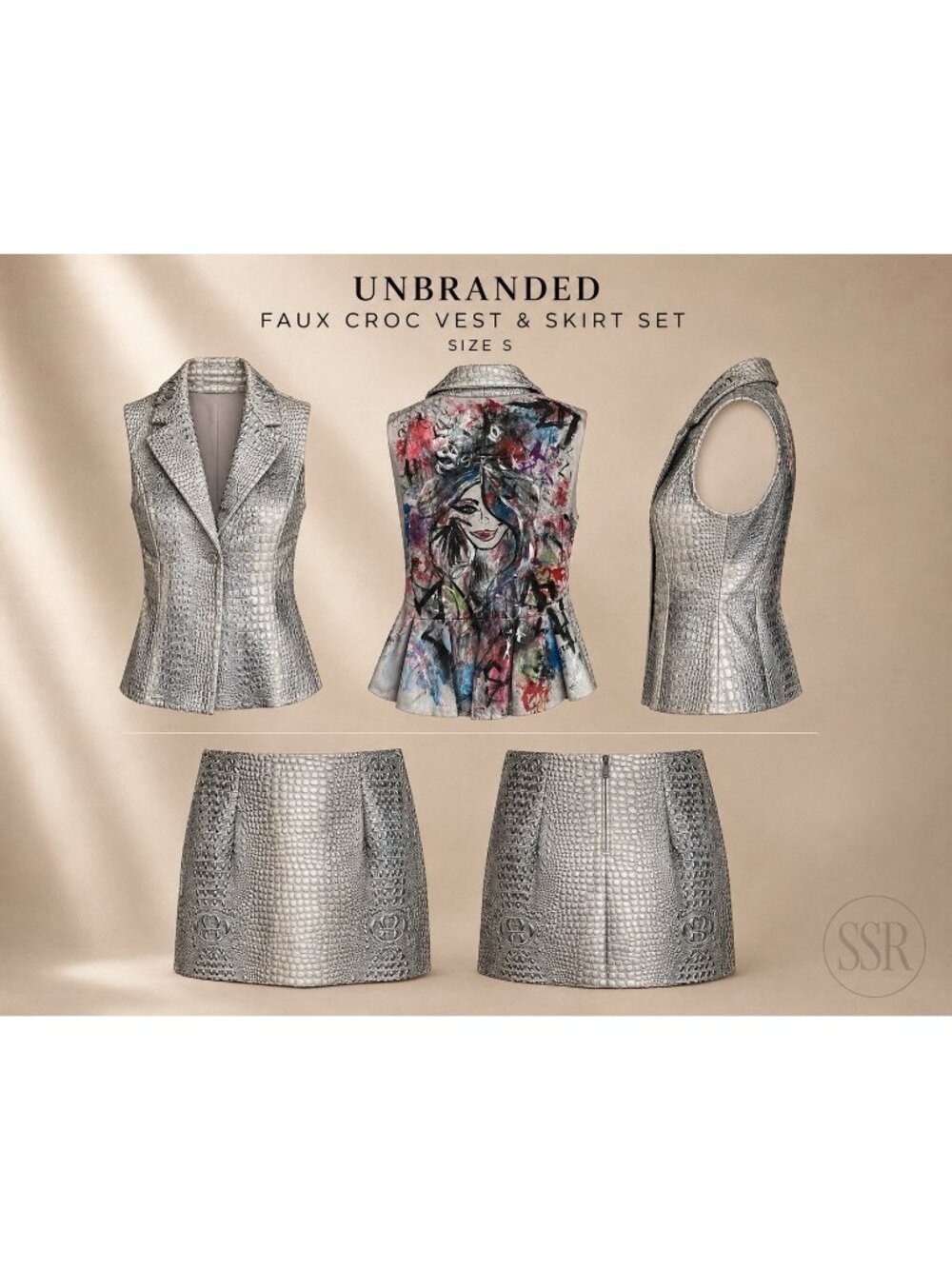 Unbranded Faux Croc Vest & Skirt Set Sz S Silver Graffiti Back  Tailored Y2K